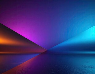 Abstract geometric background features colorful lighting and mirrored surfaces