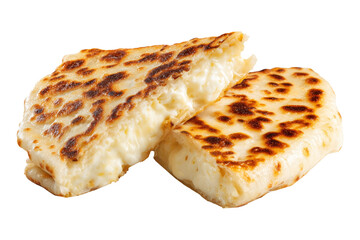 Argentina grilled Provoleta cheese pieces stacked, isolated on white transparent background. Concept of South American Cuisine.