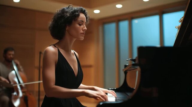 female pianist rehearsing with string quartet in bright rehearsal hall collaboration artistic synergy three quarter wide angle cinematic color correction gentle backlight clean