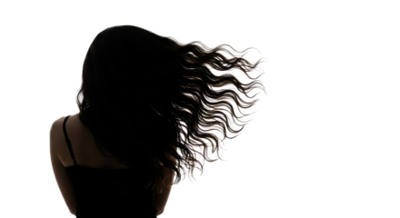 Silhouette of a woman with long wavy black hair blowing in the wind isolated on white
