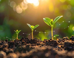Young plants in soil, with a growing line overlay, bathed in sunlight