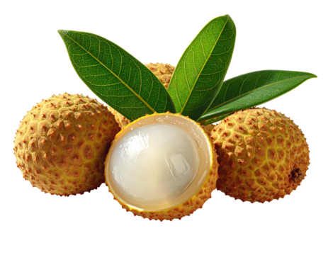 Group of lychees with leaves, one split open to reveal the juicy interior