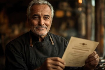 A smiling, mature chef or restaurant owner wearing an apron, holding a menu in a warm, inviting dining setting.