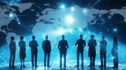 A group of business leaders is gathered to discuss strategies for innovation and growth. They stand silhouetted in front of a digital world map, indicating global connection and collaboration. - Powered by Adobe