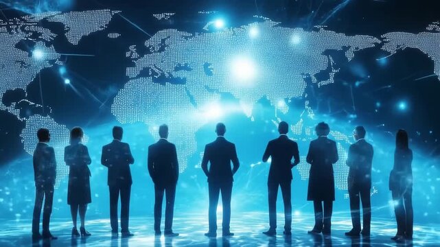 A group of business leaders is gathered to discuss strategies for innovation and growth. They stand silhouetted in front of a digital world map, indicating global connection and collaboration. - Powered by Adobe
