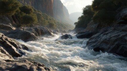 A powerful river rushes through a narrow canyon, its whitewater churning between rocky banks under a partly sunny sky