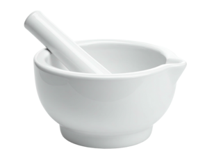 A white ceramic mortar and pestle, with a rounded bowl and pestle