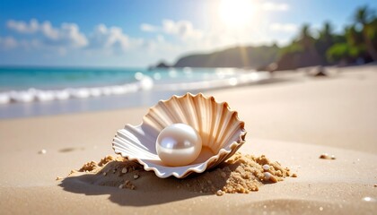 Pearl nestled in seashell on sandy beach