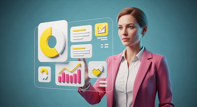 A professional businesswoman in a pink suit interacts with a futuristic holographic interface displaying data analytics charts and graphs.