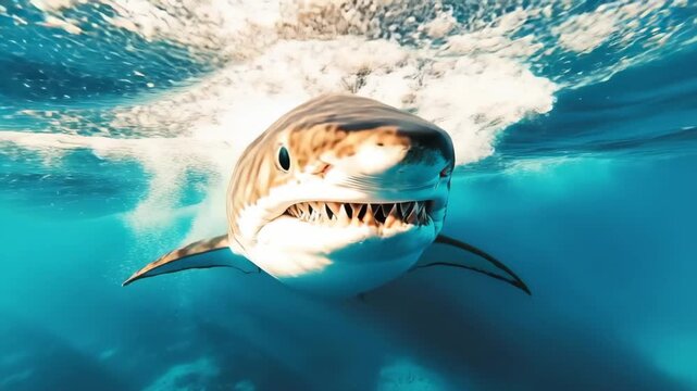 A large shark approaches the camera, revealing its sharp teeth as it glides through clear blue water. The sea is calm, showcasing the beauty of marine life up close.