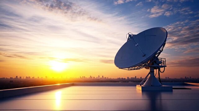 A large satellite dish is positioned on a rooftop, capturing the warm glow of the setting sun against a backdrop of a vibrant, colorful sky
