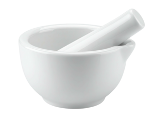 Pristine white ceramic mortar and pestle, bowl and rounded grinding tool