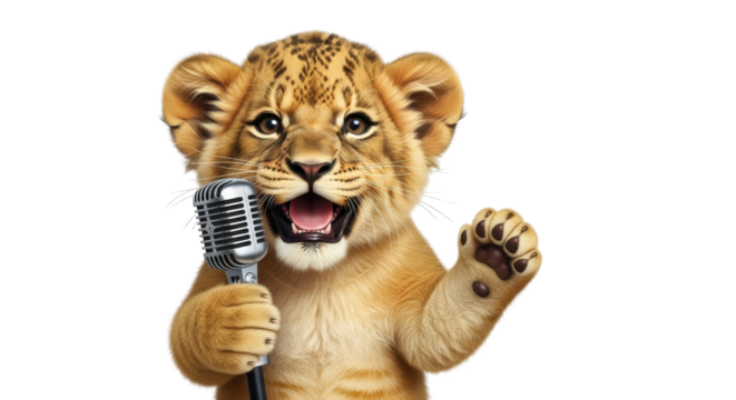 Lion cub singing into a microphone on white background