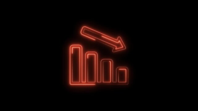 Animated stock market chart with arrow falling down in neon red glow