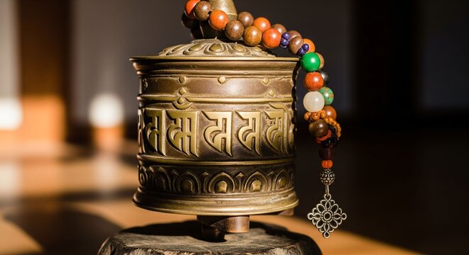 Buddhist Prayer Wheel Engraved with the Om Mani Padme Hum Mantra and a String of Beads