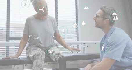 After resting foot, patient adjusting prosthetic at rehab bench with sensor icons tracking balance