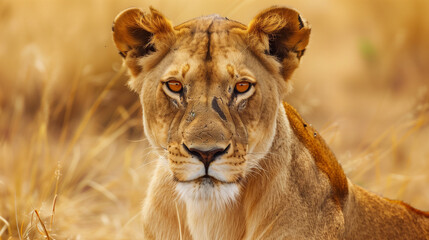 Naklejka premium Beautiful wild african lioness portrait, Savanna, game drive, wildlife safari, animals in natural habitat, beauty of nature, Kenya travel, Masai Mara
