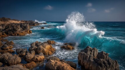 Fototapeta premium A majestic coastal scene with a powerful wave crashing against rugged cliffs, white foam splashing,