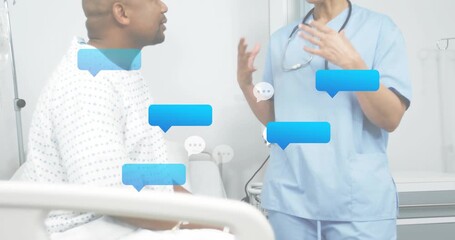 Nurse adjusting stethoscope, starting dialogue with patient, animating chat bubbles for health info