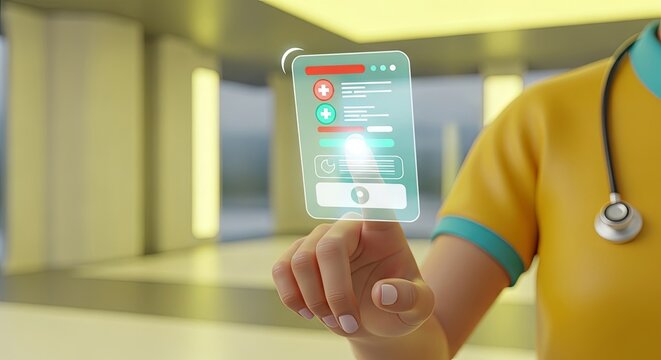 Medical professional interacting with a futuristic transparent digital screen displaying patient data in a modern clinic. - Powered by Adobe