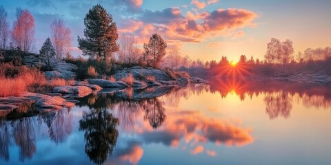 Naklejka premium Breathtaking Sunrise Over Serene Lake with Colorful Reflections, Lush Forests, and Clear Skies
