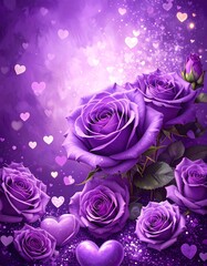 Purple roses, hearts,  sparkly background