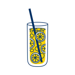 Lemonade Glass with Straw Icon. Hand drawn outline refreshing Yellow beverage doodle vector illustration. Sweet citrus drink with floating slices and ice cubes.