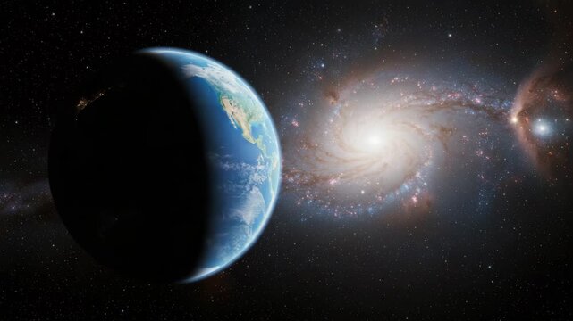Earth and galaxy in vast space with celestial objects visible  