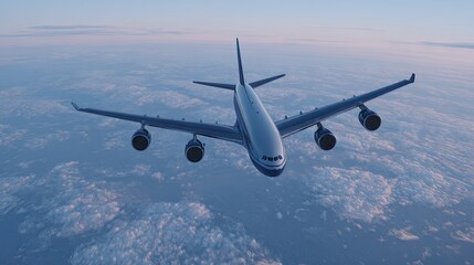 Obraz premium Airplane flying above clouds during sunset with a clear sky showcasing vastness and tranquility in the evening horizon