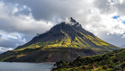 Naklejka premium Jagged, dark mountain with green and gold highlights under a cloudy sky