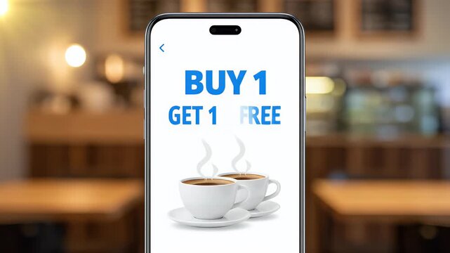 Smartphone Displaying Buy 1 Get 1 Free Coffee Promotion in a Modern Cafe Setting, Digital Marketing Offer