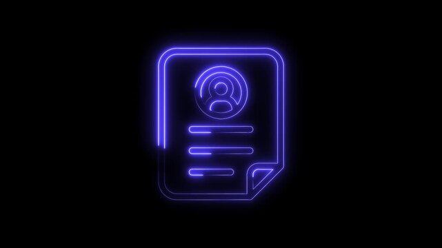 Glowing blue neon resume cv document icon animation on black background