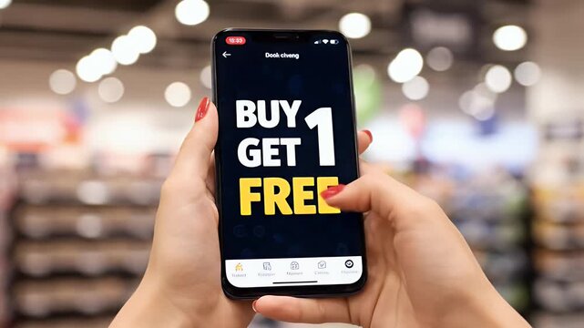 Smartphone displaying 'Buy 1 Get 1 Free' deal in a retail store. Mobile shopping, digital marketing, and discount promotion.