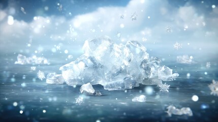 Obraz premium Frozen crystal structures rest on a shimmering surface, surrounded by gentle snowflakes in a calm, winter landscape