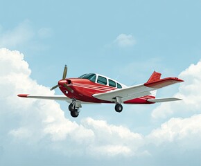Small red aircraft flying through a clear blue sky with fluffy clouds in the background