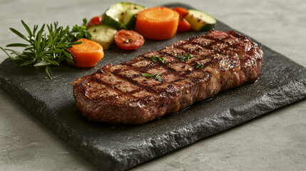 Savor the flavor with this delicious grilled steak served on a rustic stone plate accompanied by fresh vegetables perfect for your gourmet restaurant menu