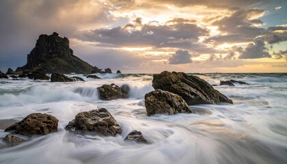 Coastal landscape featuring dramatic rock formations, waves, and a moody sky