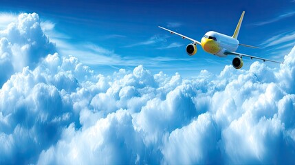 Airplane flying above fluffy clouds under a clear blue sky during a bright sunny day capturing the beauty of aerial travel and scenic views