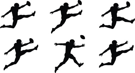American football punt silhouette, player kicking ball, sports motion sequence, helmet uniform, dynamic action, athletic form, black background, training concept