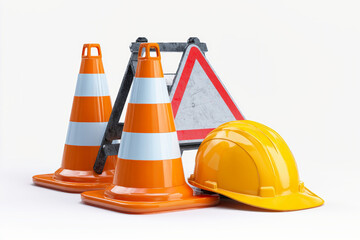 Traffic cones and safety helmet with construction sign displayed in a realistic 3D rendering on a white background