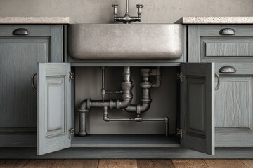 Modern kitchen with farmhouse sink showing exposed plumbing beneath in minimalist design