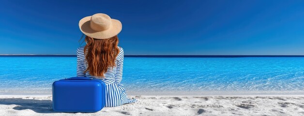 Enjoying a serene moment by the clear blue sea with a suitcase and sun hat on a sandy beach during a sunny day