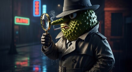 Detective Durian: Noir-Style Character with Magnifying Glass, Smoking Cigarette.