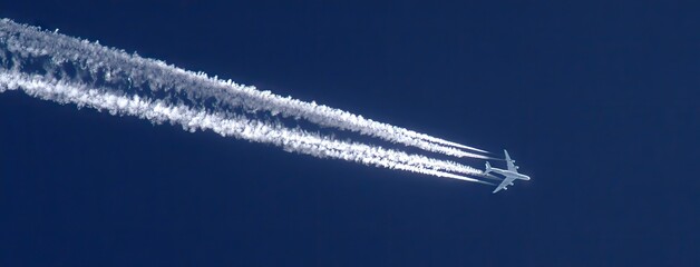 Airplane flying high in the clear blue sky with white contrails streaming behind it during a sunny day