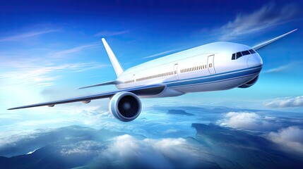 Airplane flying above clouds in a bright blue sky during daytime over a mountainous landscape, showcasing its sleek design and powerful engines