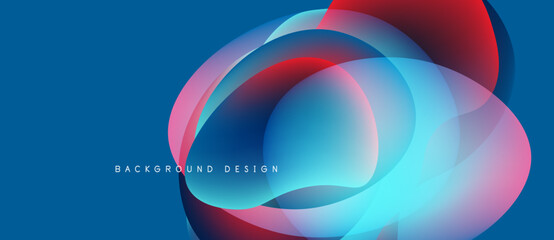 Abstract colorful layers create dynamic circular design. Blue background enhances vibrant red, pink, turquoise hues. Modern aesthetic.