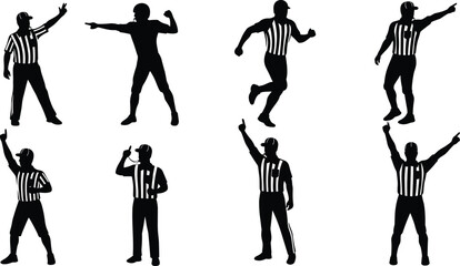 American football referee silhouette, hand signal illustration, player with ball, sports official gesture, black and white pose, game communication art