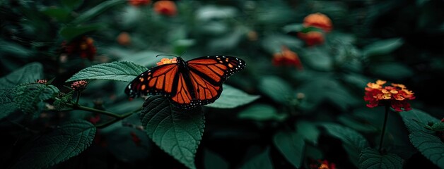 Vibrant monarch butterfly resting on lush green leaves surrounded by colorful flowers during a sunny afternoon in a tropical garden