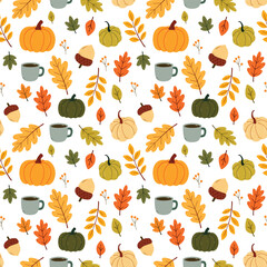 Seamless thanksgiving pattern with leaves and pumpkin