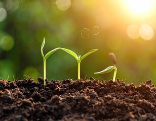 Seedlings emerging from soil, bathed in sunlight with bokeh in the background